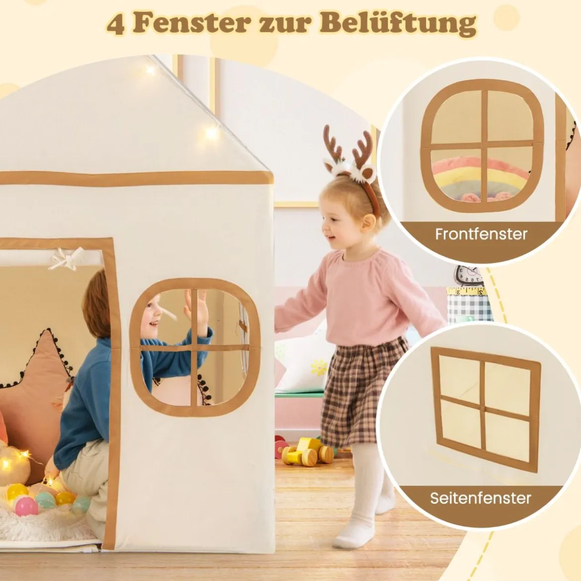 Spielhaus Kinder Indoor Kinderzelt mit Sternlichter & Gepolsterte Matte Beige + Braun