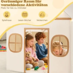 Spielhaus Kinder Indoor Kinderzelt mit Sternlichter & Gepolsterte Matte Beige + Braun