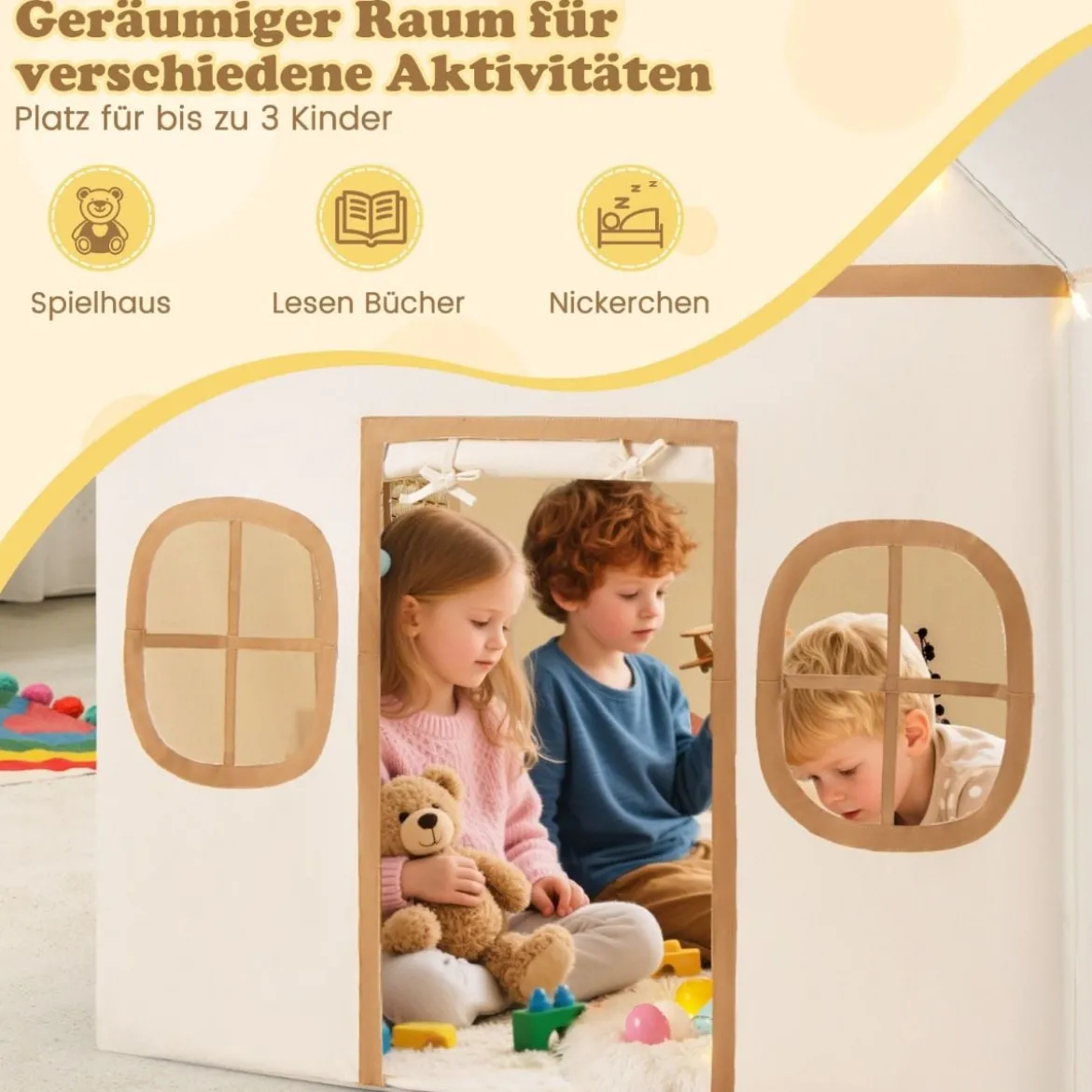 Spielhaus Kinder Indoor Kinderzelt mit Sternlichter & Gepolsterte Matte Beige + Braun