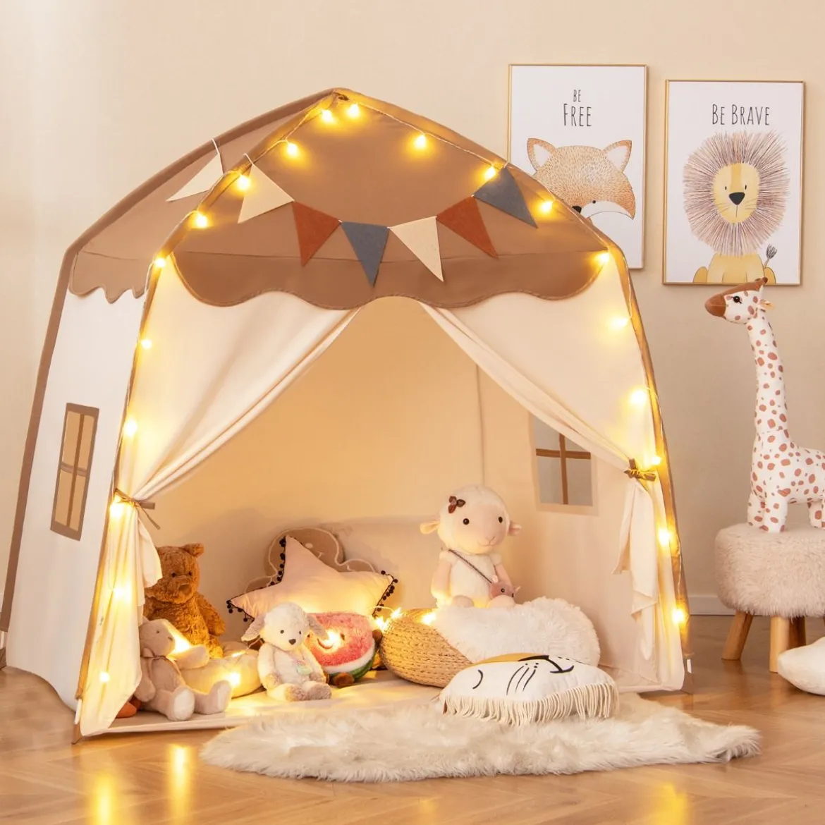 Spielhaus Kinder Indoor Kinderzelt mit Flaggen und Lichterketten Prinzessin Spielzelt Beige/Kaffee/Rosa