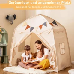 Spielhaus Kinder Indoor Kinderzelt mit Flaggen und Lichterketten Prinzessin Spielzelt Beige/Kaffee/Rosa