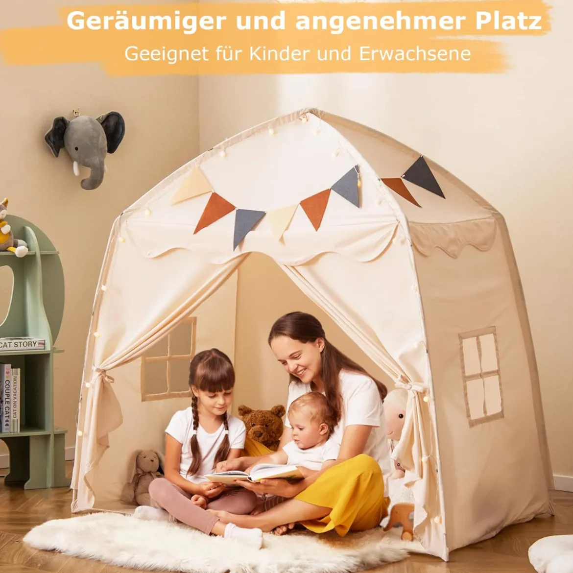 Spielhaus Kinder Indoor Kinderzelt mit Flaggen und Lichterketten Prinzessin Spielzelt Beige/Kaffee/Rosa