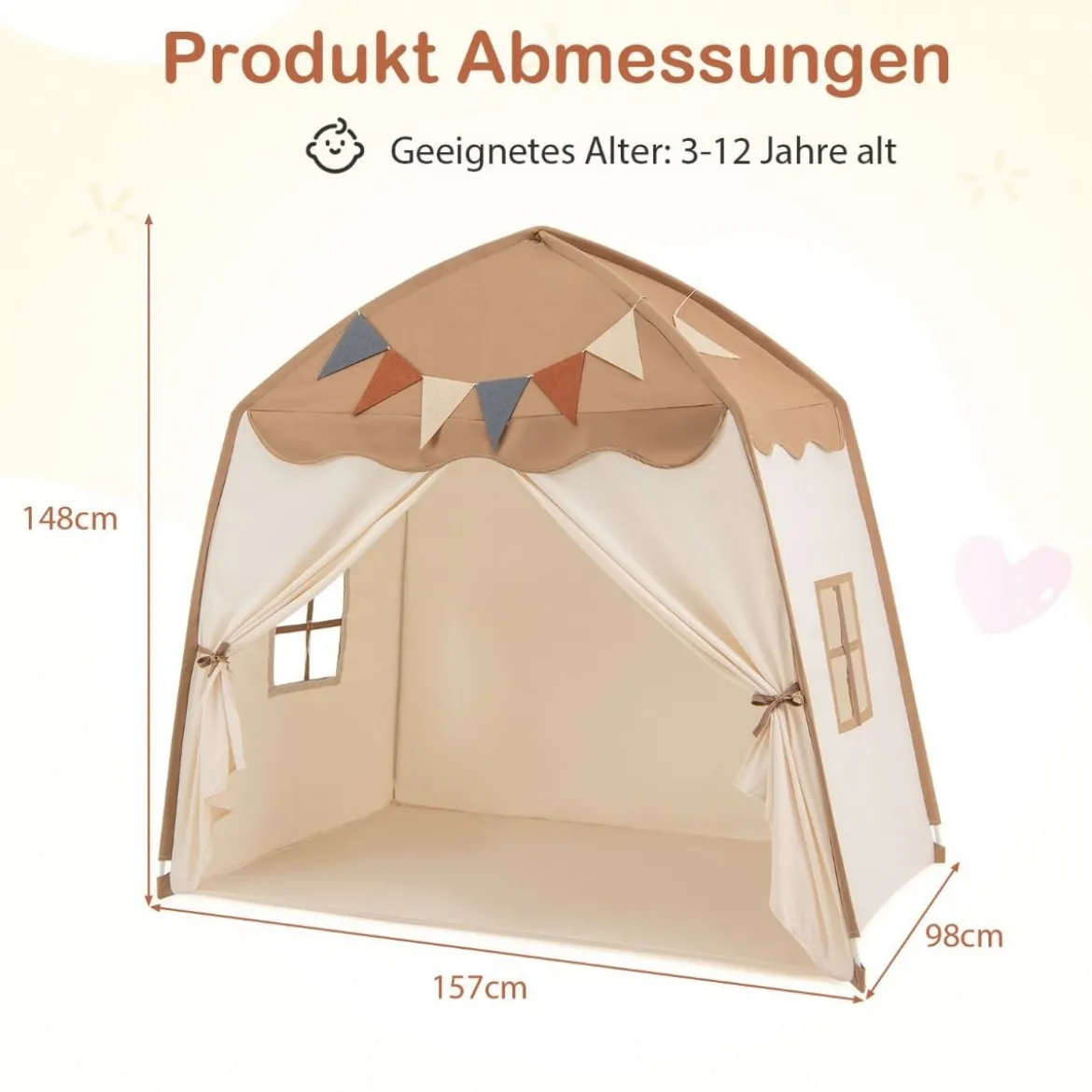 Spielhaus Kinder Indoor Kinderzelt mit Flaggen und Lichterketten Prinzessin Spielzelt Beige/Kaffee/Rosa