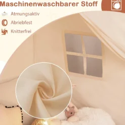 Spielhaus Kinder Indoor Kinderzelt mit Flaggen und Lichterketten Prinzessin Spielzelt Beige/Kaffee/Rosa