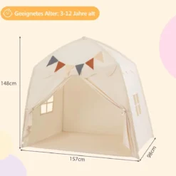 Spielhaus Kinder Indoor Kinderzelt mit Flaggen und Lichterketten Prinzessin Spielzelt Beige/Kaffee/Rosa