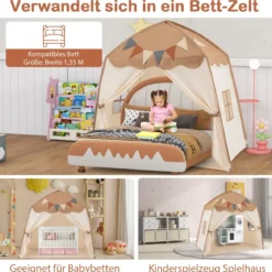 Spielhaus Kinder Indoor Kinderzelt mit Flaggen und Lichterketten Prinzessin Spielzelt Beige/Kaffee/Rosa