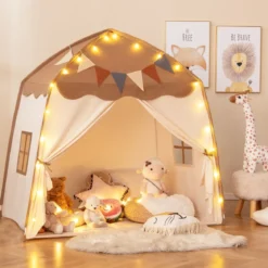 Spielhaus Kinder Indoor Kinderzelt mit Flaggen und Lichterketten Prinzessin Spielzelt Beige/Kaffee/Rosa