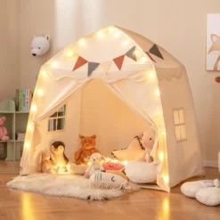Spielhaus Kinder Indoor Kinderzelt mit Flaggen und Lichterketten Prinzessin Spielzelt Beige/Kaffee/Rosa
