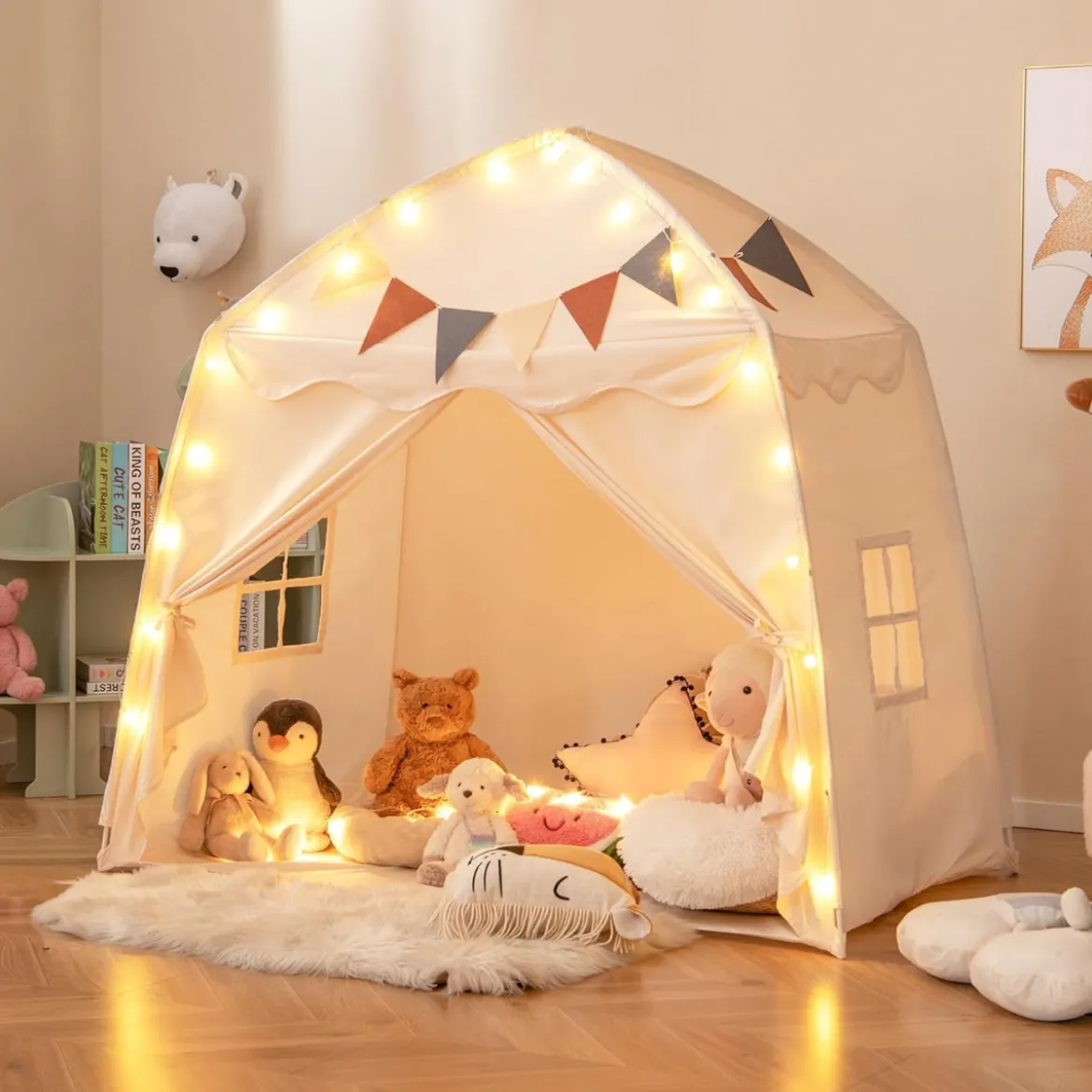 Spielhaus Kinder Indoor Kinderzelt mit Flaggen und Lichterketten Prinzessin Spielzelt Beige/Kaffee/Rosa