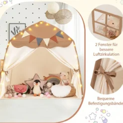 Spielhaus Kinder Indoor Kinderzelt mit Flaggen und Lichterketten Prinzessin Spielzelt Beige/Kaffee/Rosa