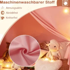 Spielhaus Kinder Indoor Kinderzelt mit Flaggen und Lichterketten Prinzessin Spielzelt Beige/Kaffee/Rosa
