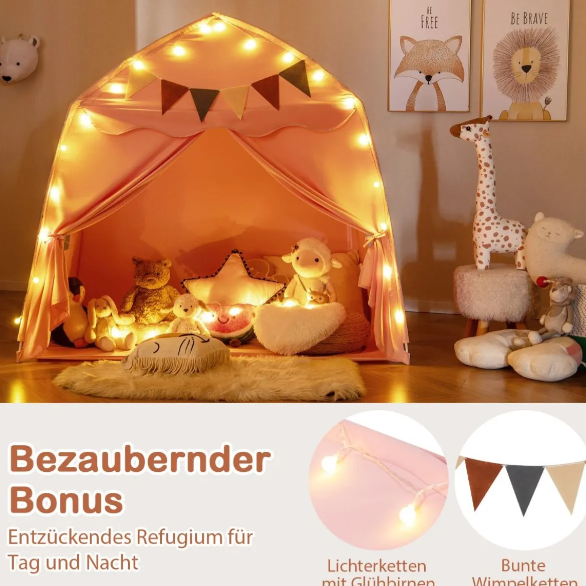 Spielhaus Kinder Indoor Kinderzelt mit Flaggen und Lichterketten Prinzessin Spielzelt Beige/Kaffee/Rosa