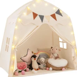 Spielhaus Kinder Indoor Kinderzelt mit Flaggen und Lichterketten Prinzessin Spielzelt Beige/Kaffee/Rosa