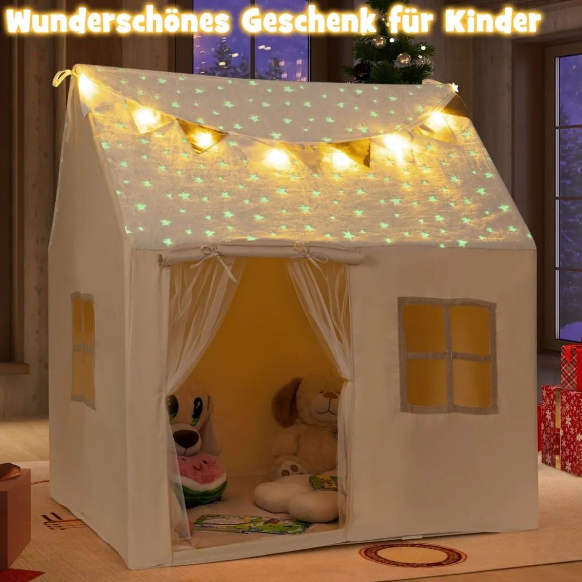 Spielhaus Kinder Indoor Kinderzelt mit gepolsterter Matte & Sternenlichtern 119 x 104 x 129 cm Beige