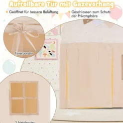 Spielhaus Kinder Indoor Kinderzelt mit gepolsterter Matte & Sternenlichtern 119 x 104 x 129 cm Beige