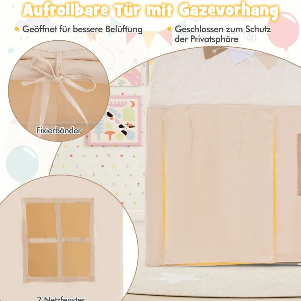 Spielhaus Kinder Indoor Kinderzelt mit gepolsterter Matte & Sternenlichtern 119 x 104 x 129 cm Beige