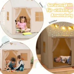Spielhaus Kinder Indoor Kinderzelt mit gepolsterter Matte & Sternenlichtern 119 x 104 x 129 cm Beige
