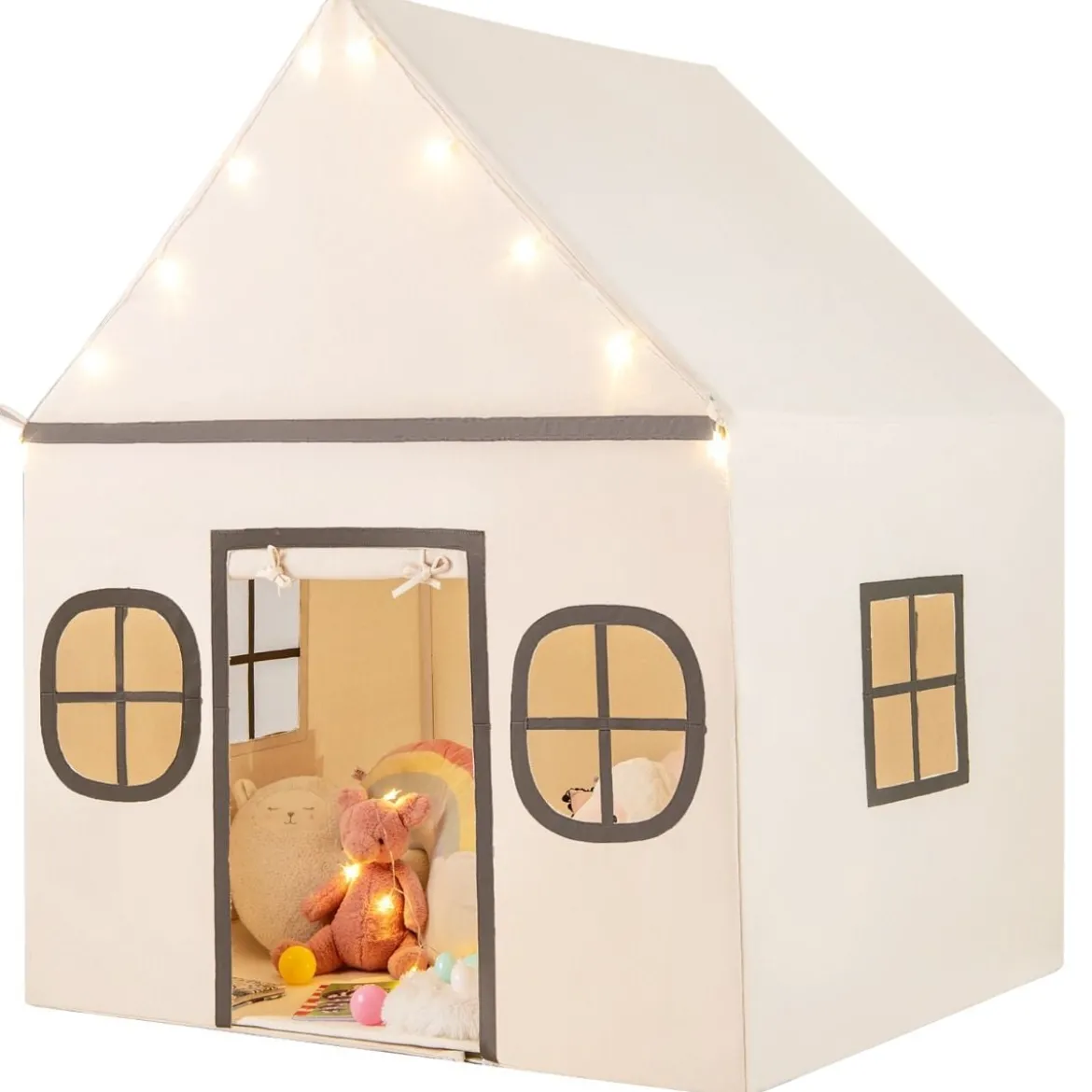 Spielhaus Kinder Indoor Kinderzelt mit Sternlichter & Gepolsterte Matte Beige + Schwarz