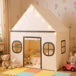 Spielhaus Kinder Indoor Kinderzelt mit Sternlichter & Gepolsterte Matte Beige + Schwarz