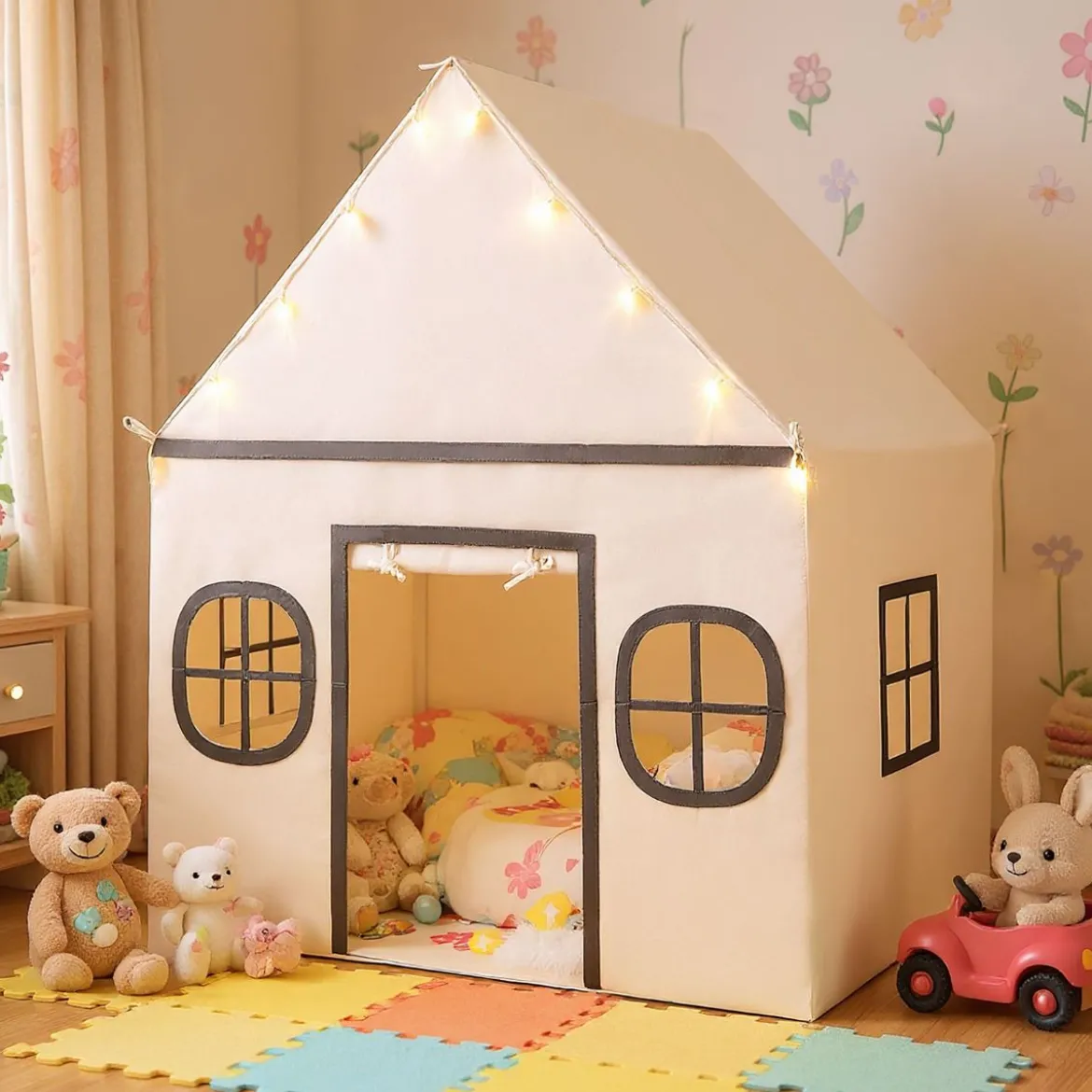 Spielhaus Kinder Indoor Kinderzelt mit Sternlichter & Gepolsterte Matte Beige + Schwarz