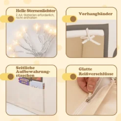 Spielhaus Kinder Indoor Kinderzelt mit Sternlichter & Gepolsterte Matte Beige + Schwarz