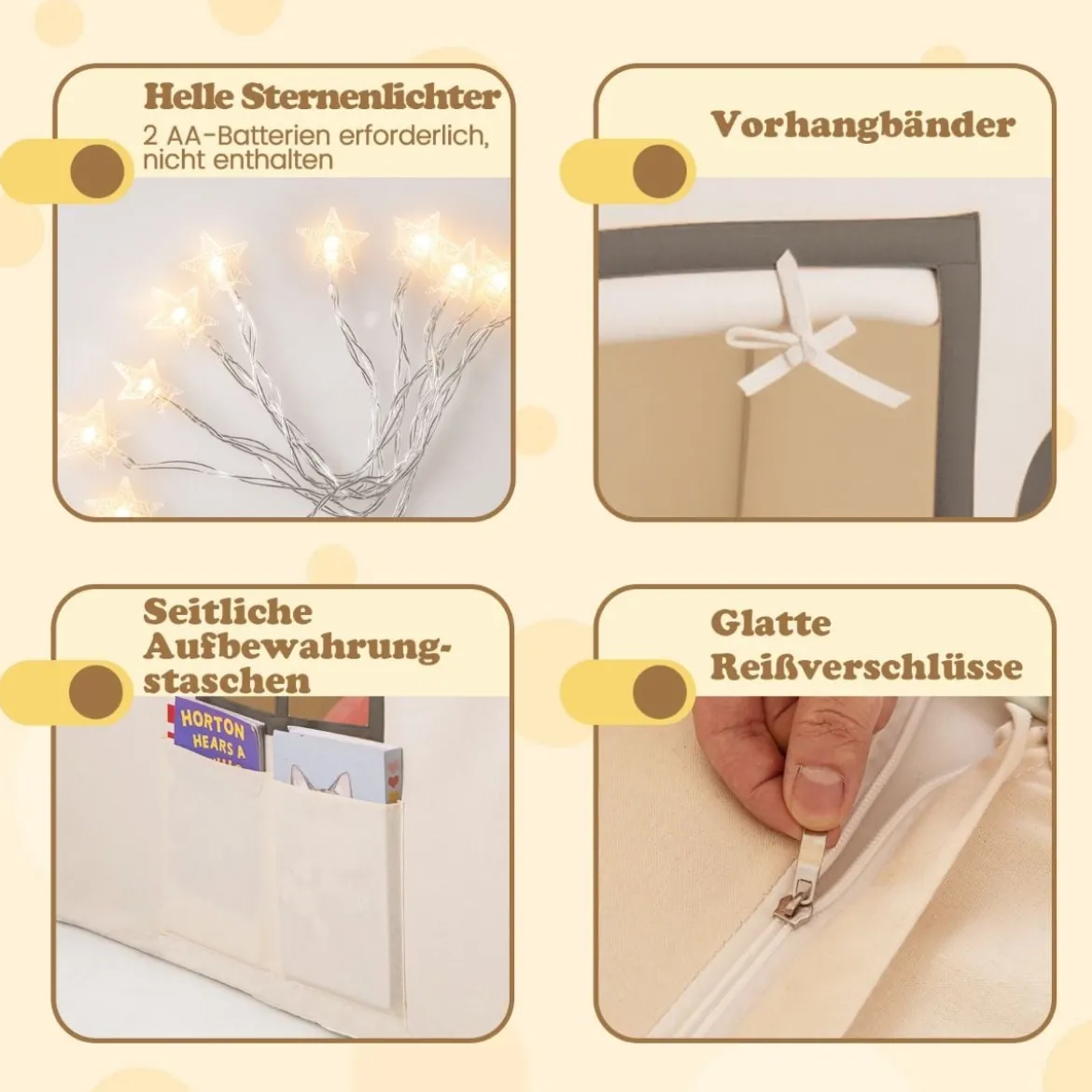 Spielhaus Kinder Indoor Kinderzelt mit Sternlichter & Gepolsterte Matte Beige + Schwarz