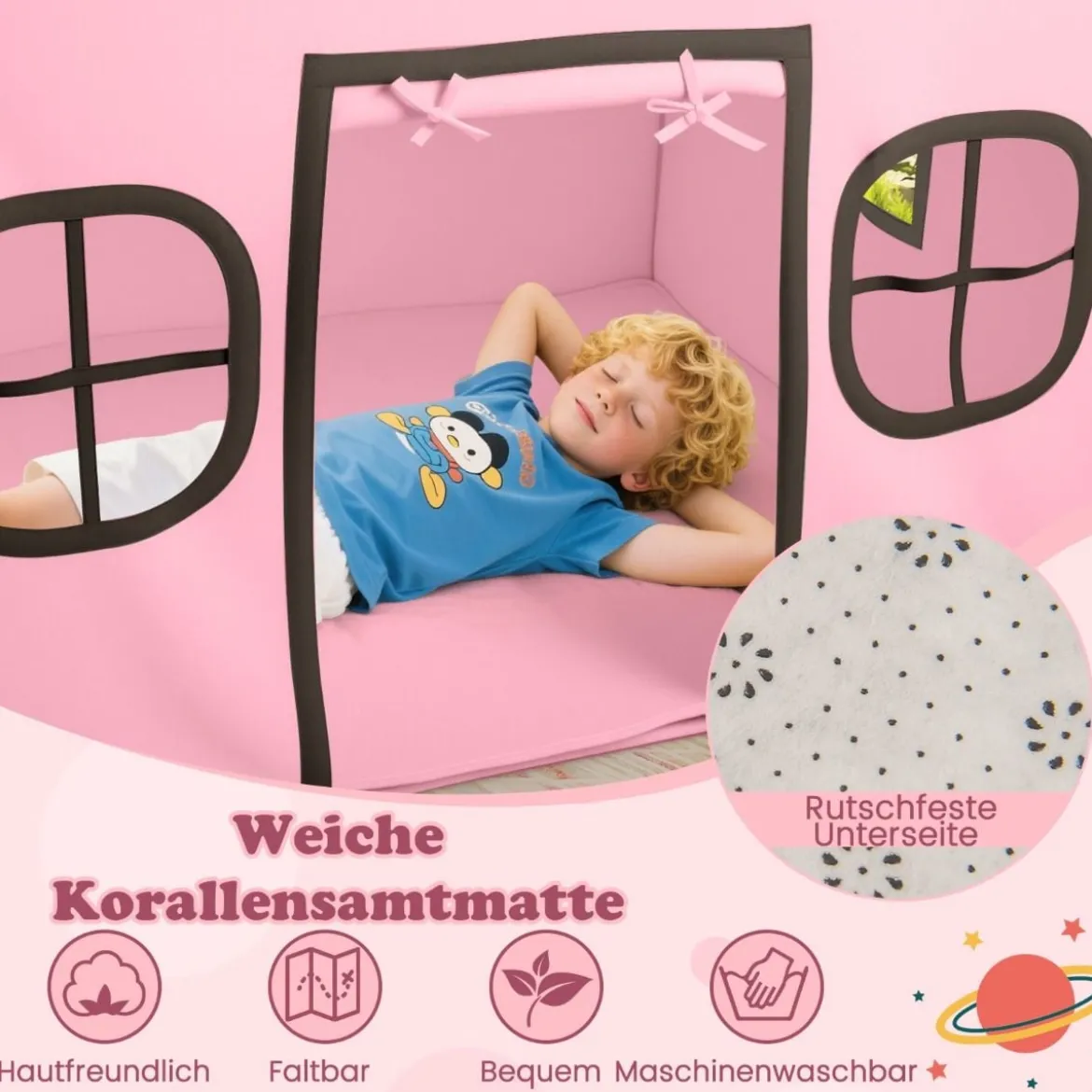Spielhaus Kinder Indoor Kinderzelt mit Sternlichter & Gepolsterte Matte Rosa + Schwarz