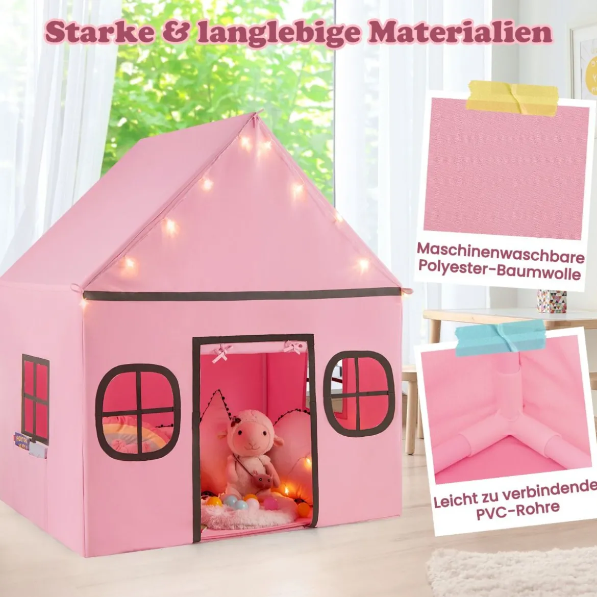 Spielhaus Kinder Indoor Kinderzelt mit Sternlichter & Gepolsterte Matte Rosa + Schwarz