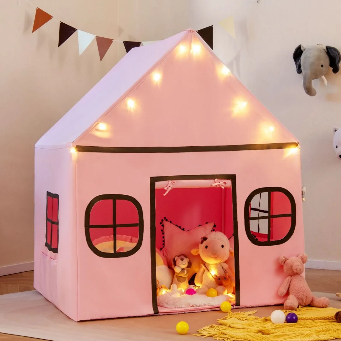 Spielhaus Kinder Indoor Kinderzelt mit Sternlichter & Gepolsterte Matte Rosa + Schwarz
