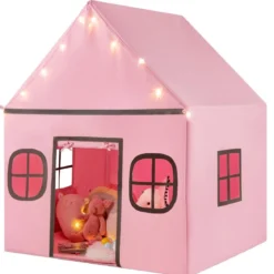Spielhaus Kinder Indoor Kinderzelt mit Sternlichter & Gepolsterte Matte Rosa + Schwarz