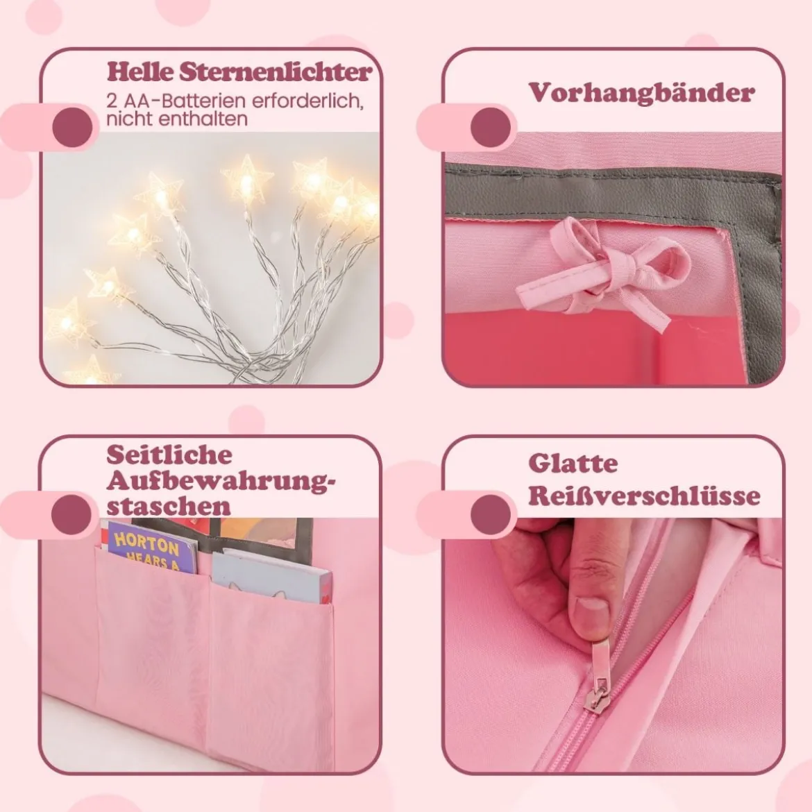 Spielhaus Kinder Indoor Kinderzelt mit Sternlichter & Gepolsterte Matte Rosa + Schwarz