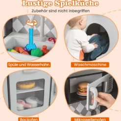 Spielküche aus Holz Küchenspielset mit Eismaschine Kochherd Waschmaschine Ofen Mikrowelle Küchenutensilien Grau