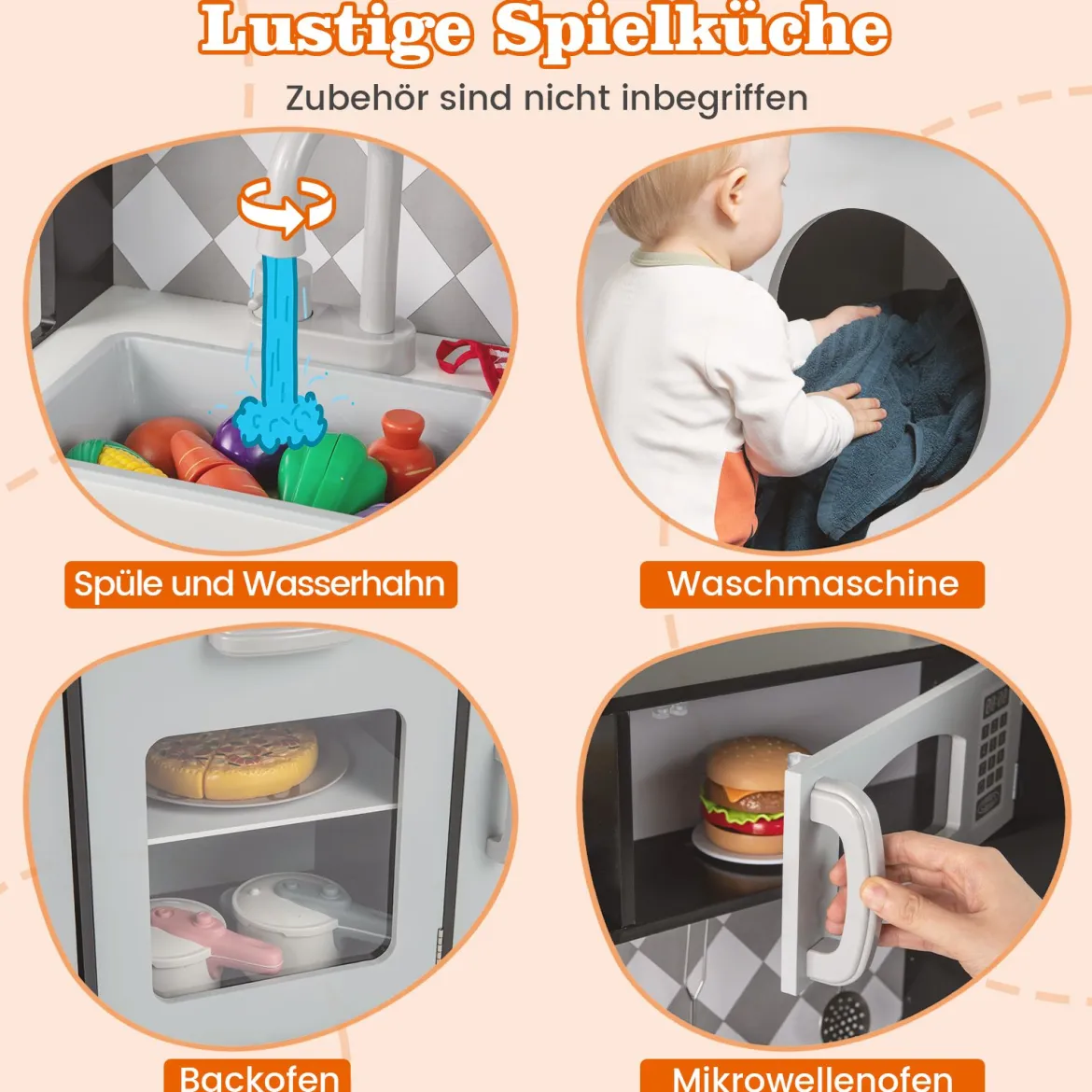 Spielküche aus Holz Küchenspielset mit Eismaschine Kochherd Waschmaschine Ofen Mikrowelle Küchenutensilien Grau