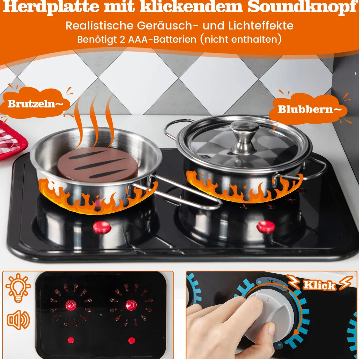 Spielküche aus Holz Küchenspielset mit Eismaschine Kochherd Waschmaschine Ofen Mikrowelle Küchenutensilien Grau