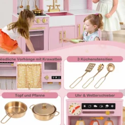 Spielküche aus Holz mit Spüle & Wasserhahn Spielzeugküche mit Zubehör für KinderRosa