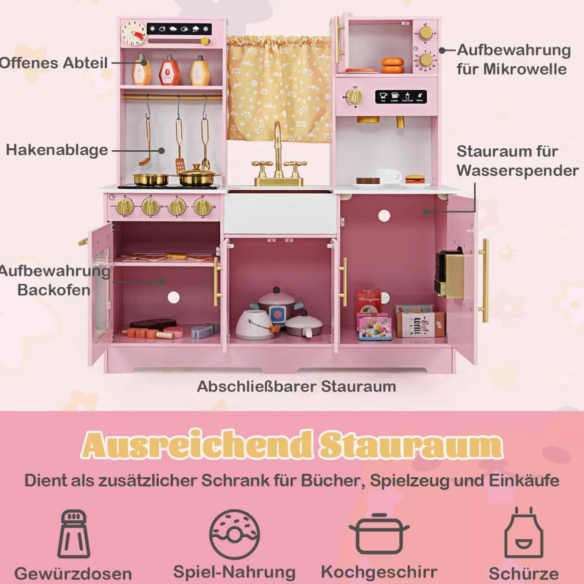 Spielküche aus Holz mit Spüle & Wasserhahn Spielzeugküche mit Zubehör für KinderRosa