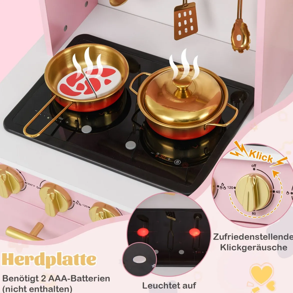 Spielküche aus Holz mit Spüle & Wasserhahn Spielzeugküche mit Zubehör für KinderRosa