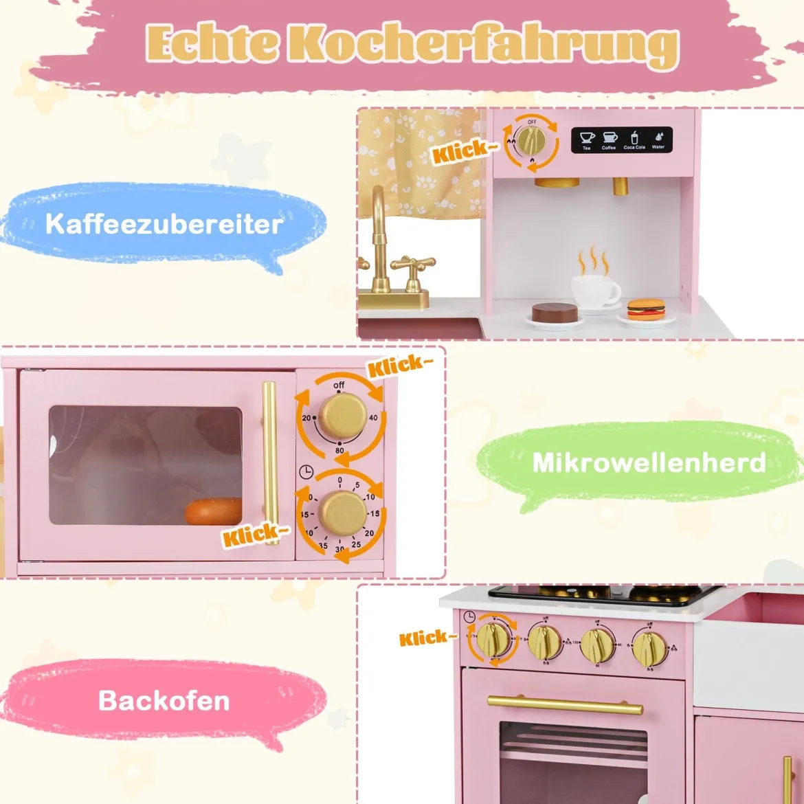 Spielküche aus Holz mit Spüle & Wasserhahn Spielzeugküche mit Zubehör für KinderRosa