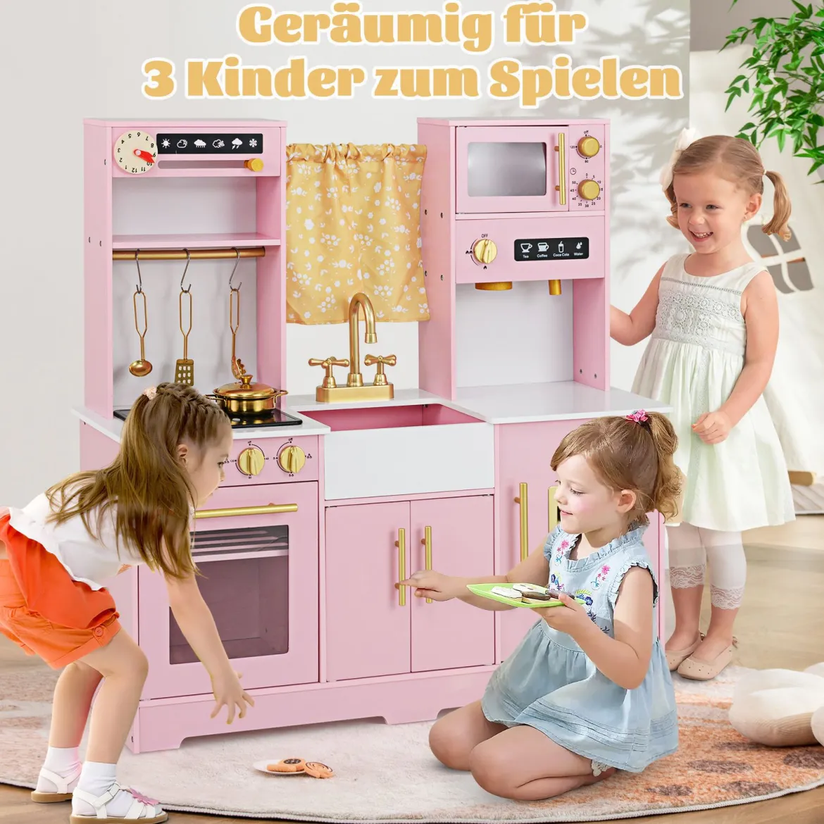 Spielküche aus Holz mit Spüle & Wasserhahn Spielzeugküche mit Zubehör für KinderRosa