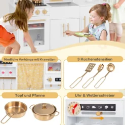 Spielküche aus Holz mit Spüle & Wasserhahn Spielzeugküche mit Zubehör für KinderWeiß