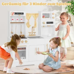 Spielküche aus Holz mit Spüle & Wasserhahn Spielzeugküche mit Zubehör für KinderWeiß