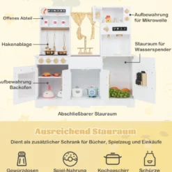 Spielküche aus Holz mit Spüle & Wasserhahn Spielzeugküche mit Zubehör für KinderWeiß