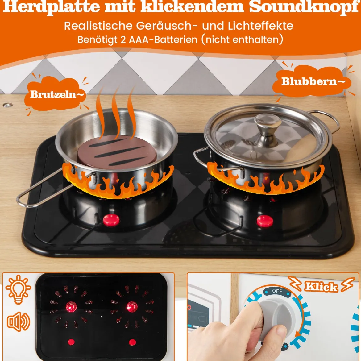 Spielküche aus Holz mit Zubehör Küchenspielset Spielzeugküche mit Eismaschine & Kochherd Natur