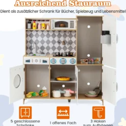 Spielküche aus Holz mit Zubehör Küchenspielset Spielzeugküche mit Eismaschine & Kochherd Natur