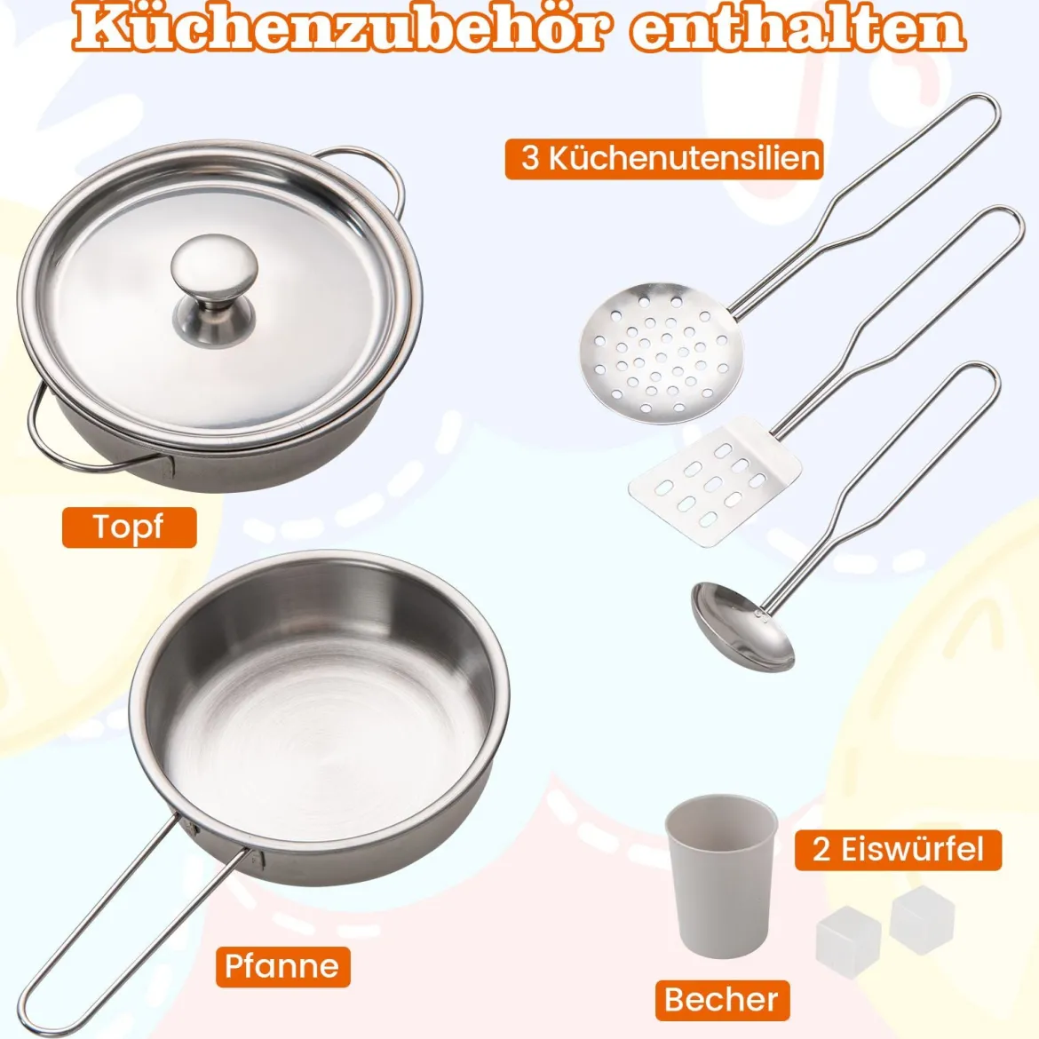 Spielküche aus Holz mit Zubehör Küchenspielset Spielzeugküche mit Eismaschine & Kochherd Natur
