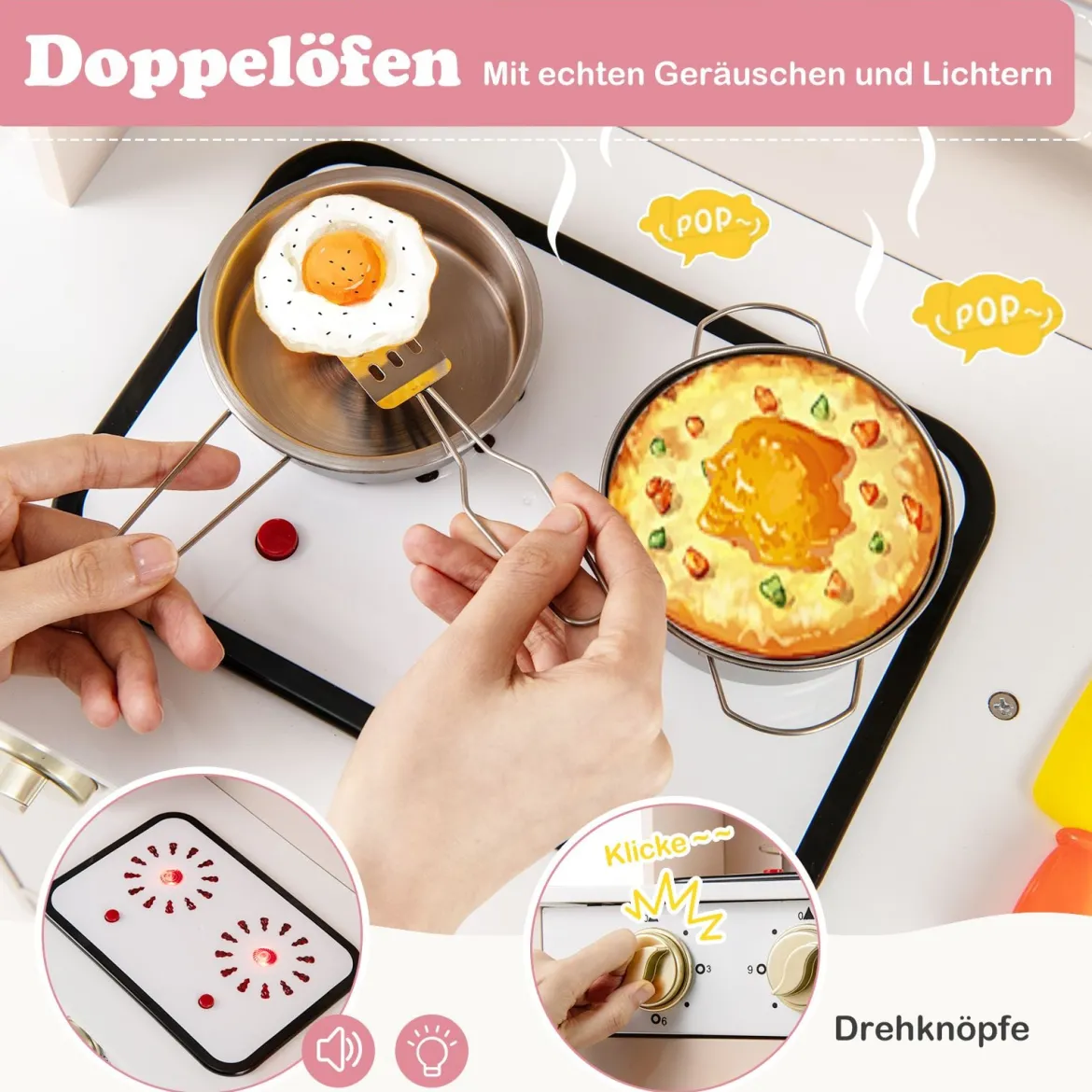 Spielküche Höhenverstellbar Holz-Küchenspielset mit Lichtern & Geräuschen Mikrowelle Herd Spüle Ofen Gelb