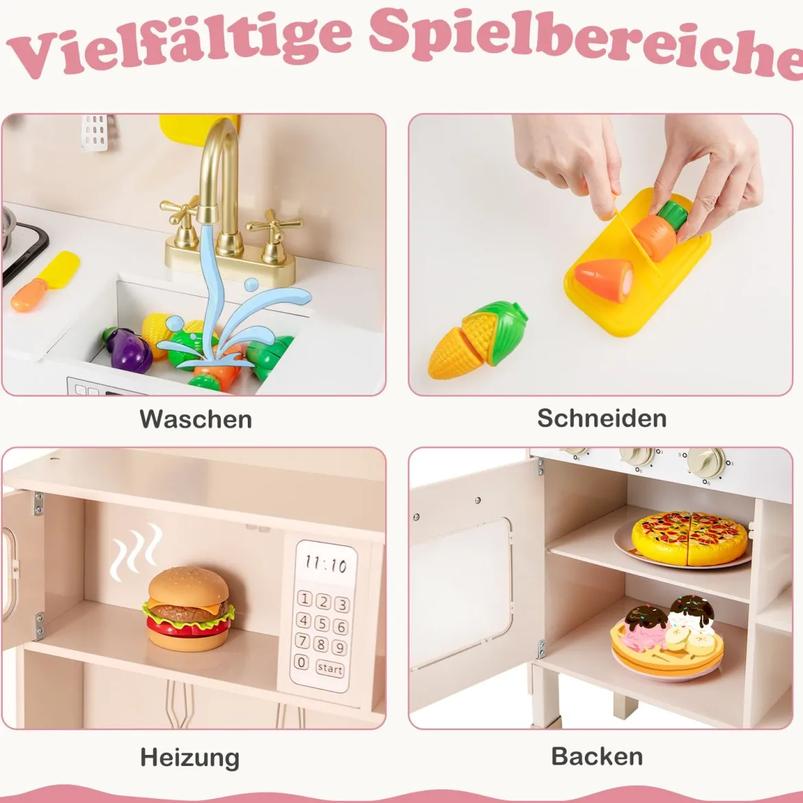 Spielküche Höhenverstellbar Holz-Küchenspielset mit Lichtern & Geräuschen Mikrowelle Herd Spüle Ofen Gelb
