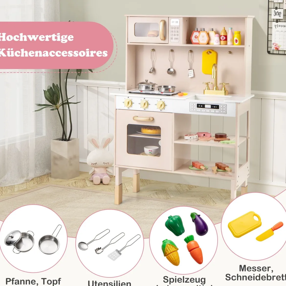Spielküche Höhenverstellbar Holz-Küchenspielset mit Lichtern & Geräuschen Mikrowelle Herd Spüle Ofen Gelb
