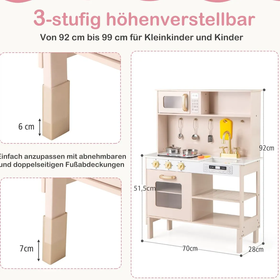 Spielküche Höhenverstellbar Holz-Küchenspielset mit Lichtern & Geräuschen Mikrowelle Herd Spüle Ofen Gelb
