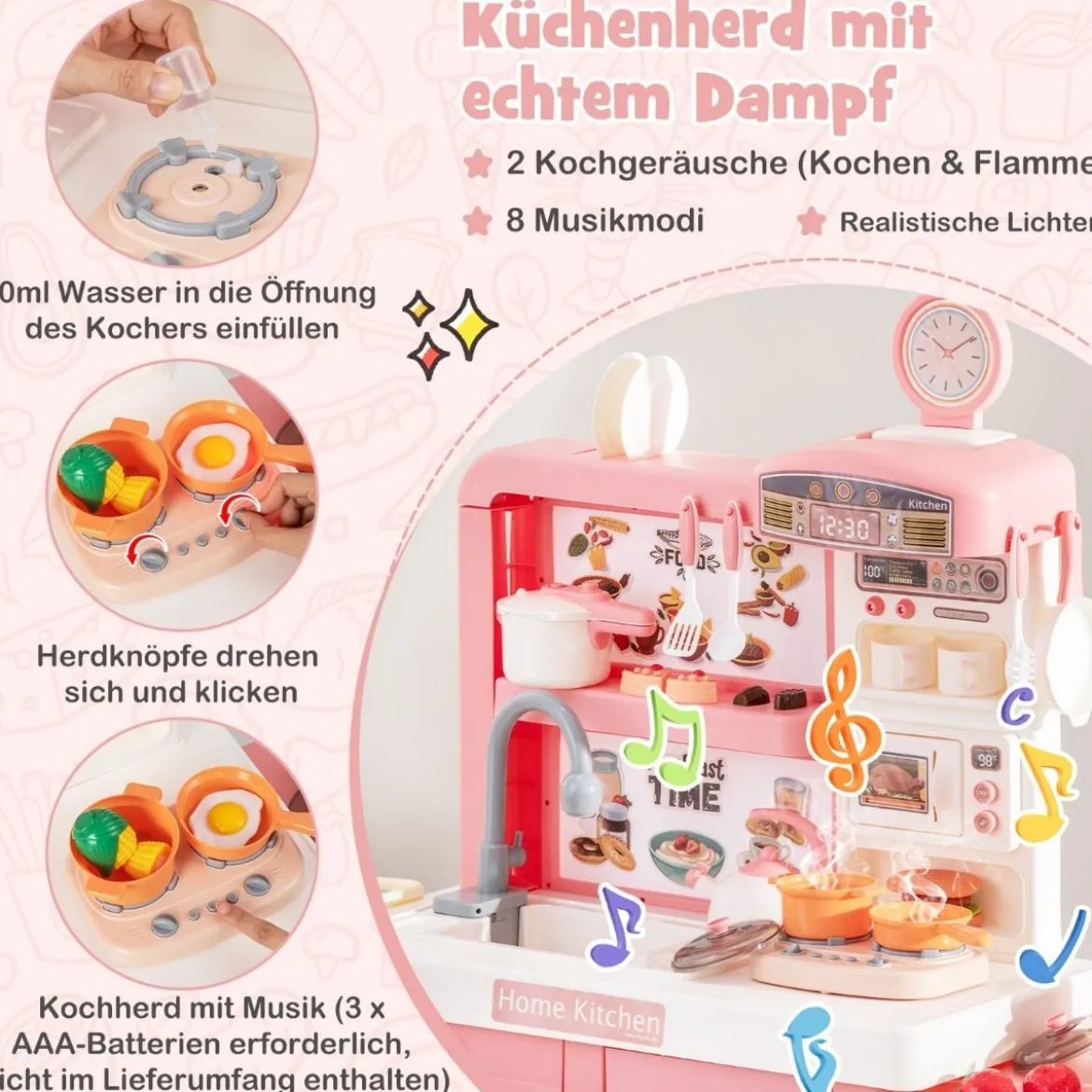 Spielküche Kinder mit 49 Zubehör Kinderküche mit Licht & Sound Kinderspielküche Rosa